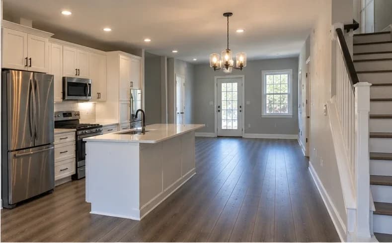 A finished, move-in-ready open kitchen and dining area in a rental townhouse