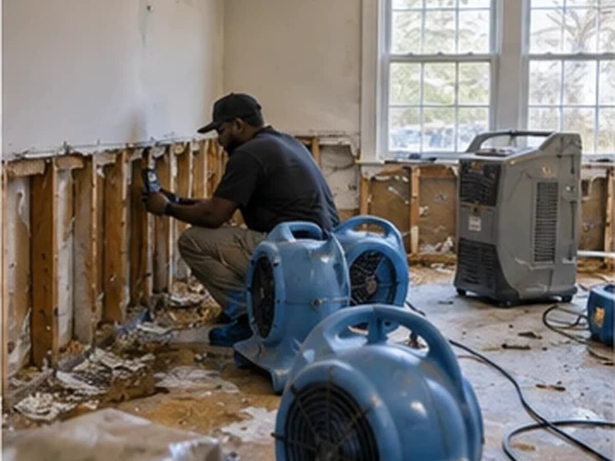A room mid-restoration with the drywall cut away to expose the studs, baseboard removed, and air movers and a dehumidifier running on the bare floor