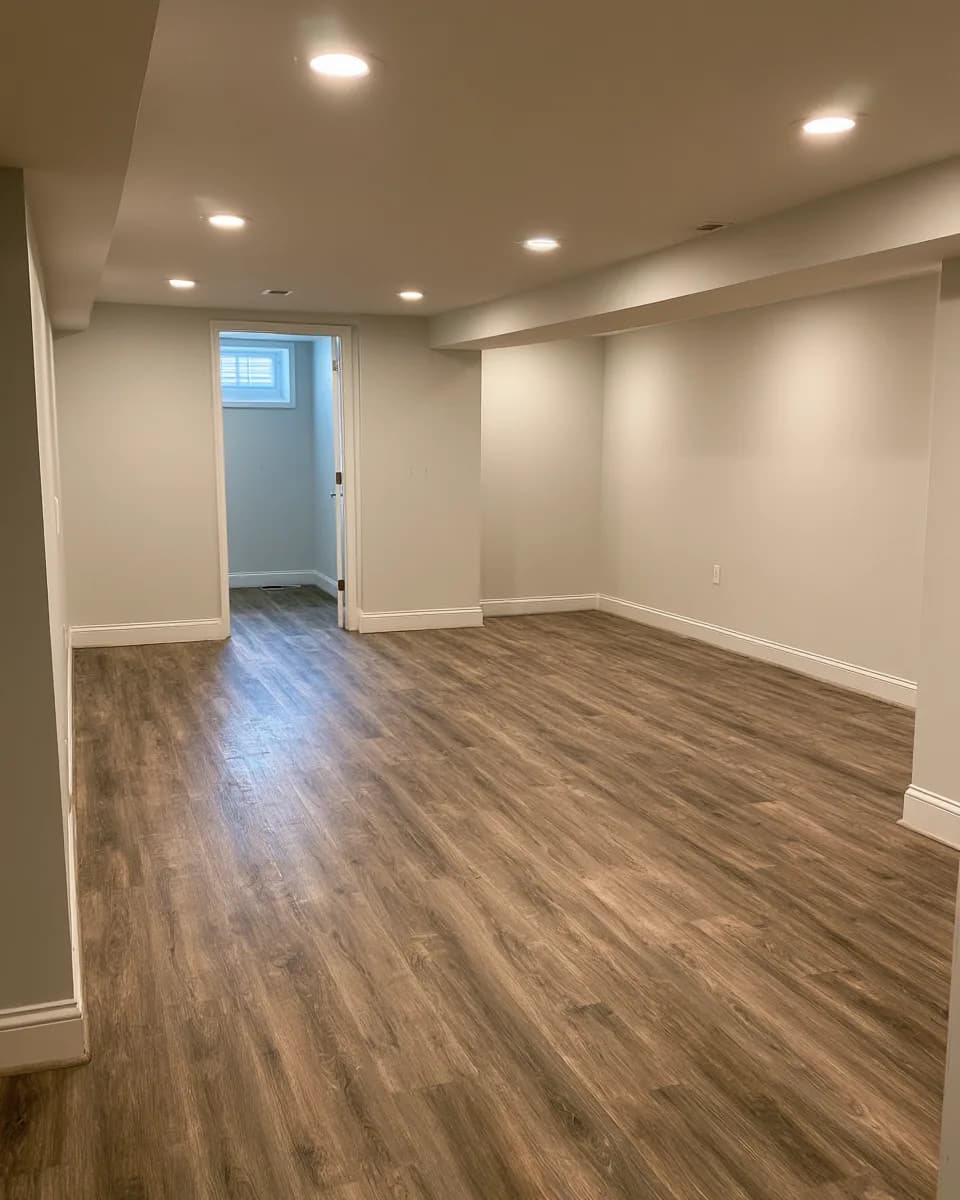 Finished basement by All Purpose Anytime Services with framed and finished walls, recessed lighting and new plank flooring